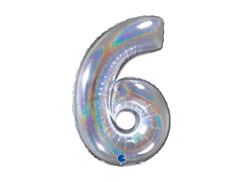 Balon foliowy cyfra 6 brokatowy holograficzny srebrny - 26" - 1 szt.