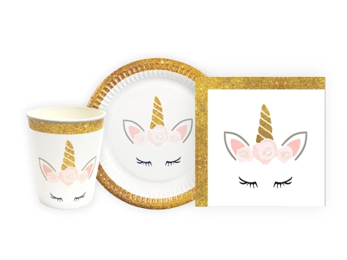 Zestaw kubeczki, serwetki i talerzyki papierowe Piękny Jednorożec - 44 szt.