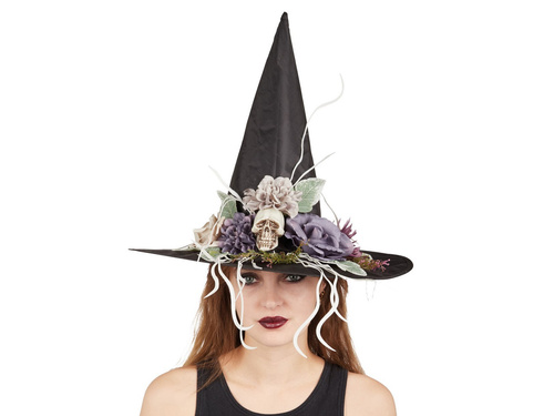Kapelusz czarownicy z kwiatami na Halloween - 1 szt.
