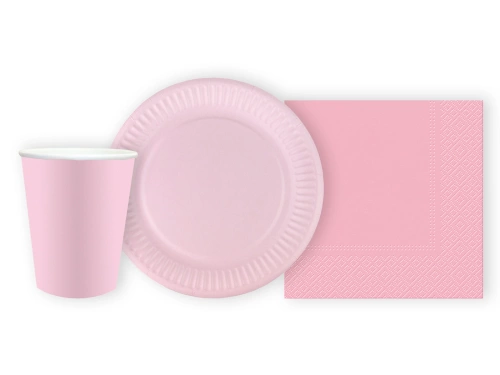 Zestaw kubeczki + serwetki + talerzyki papierowe różowe - 44 szt.