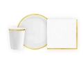 Zestaw kubeczki + serwetki + talerzyki papierowe białe ze złotym brzegiem - 22 szt.