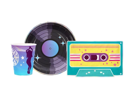 Zestaw kubeczki + sewretki + talerzyki papierowe Retro Disco lata 60 - 22 szt.