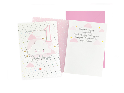 Kartka na roczek Uśmiechnięta Chmurka róż - 1 szt.