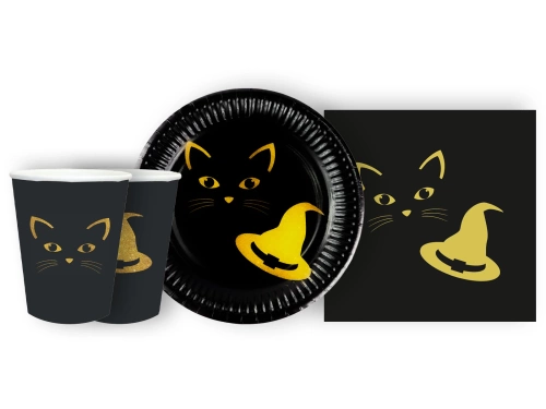 Zestaw kubeczki + serwetki + talerzyki papierowe Czarownica i kot - 44 szt.