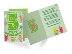 Kartka urodzinowa z kopertą na piąte urodziny Potworki - 1 szt.