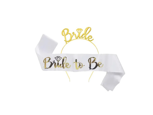 Zestaw szarfa biała z opaską Bride to Be - 1 szt.