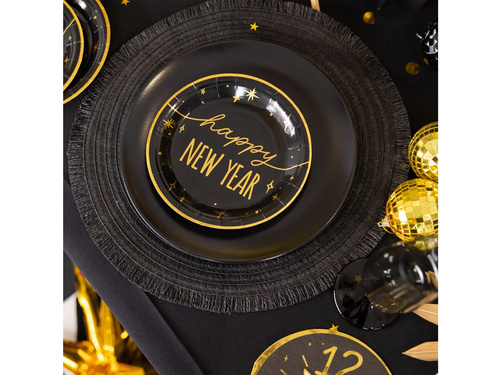 Talerzyki papierowe na Sylwestra Nowy Rok Happy New Year czarne - 18 cm - 6 szt.