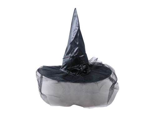 Kapelusz czarownicy z woalem i różą na Halloween - 1 szt.