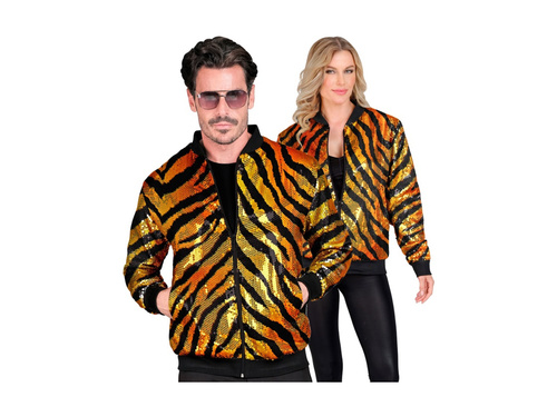 Pomarańczowa Imprezowa cekinowa kurtka - bomberka - motyw tygrysa