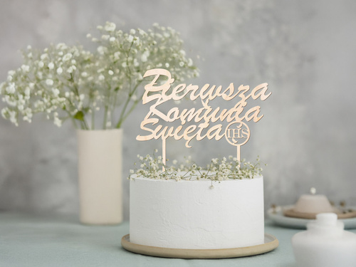 Topper drewniany na tort Pierwsza Komunia Święta - 1 szt.