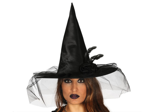 Kapelusz czarownicy z woalem i różą na Halloween - 1 szt.
