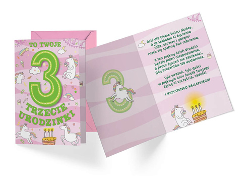 Kartka urodzinowa z kopertą na trzecie urodziny Jednorożec - 1 szt.