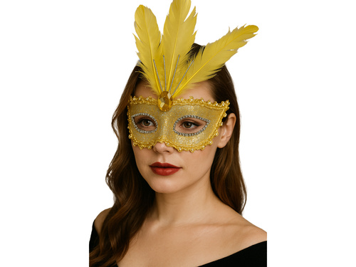 Maska karnawałowa z piórami - złota - 1 szt.
