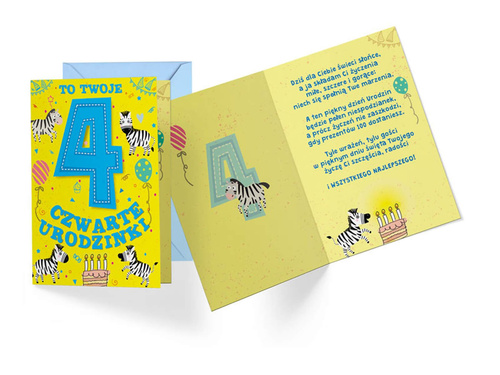 Kartka urodzinowa z kopertą na czwarte urodziny Zebra - 1 szt.