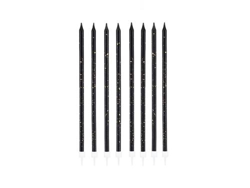 Świeczki urodzinowe długie czarno-złote - 15 cm - 8 szt.