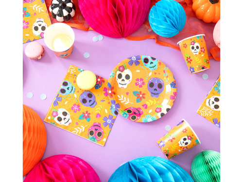 Talerzyki papierowe halloweenowe Meksykańska Czacha - 18 cm - 6 szt.