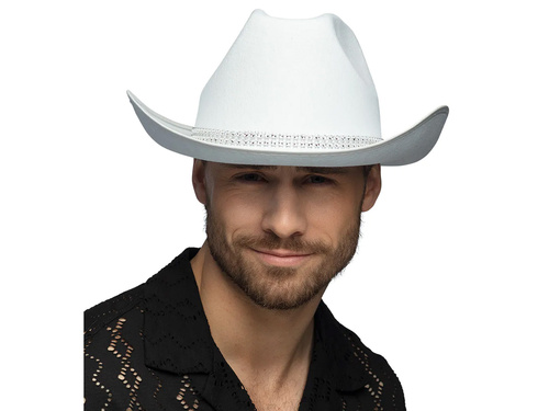 Kapelusz kowbojski z cyrkoniami biały - 1 szt.