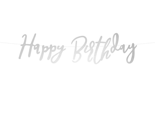Baner srebrny z napisem Happy Birthday - 62 cm - 1 szt.