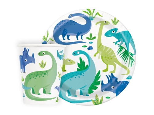 Zestaw kubeczki + talerzyki papierowe na urodziny Dinozaury - 16 szt.