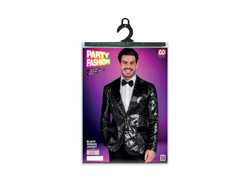 Imprezowa marynarka Party Fashion - czarna cekinowa z satynowym kołnierzem i kieszeniami