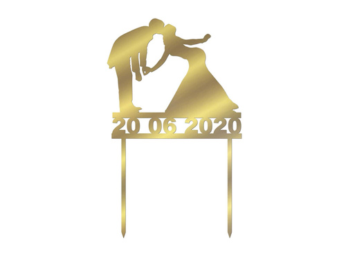 Topper z lustrzanej pleksi złoty na tort Młoda Para - 13 cm