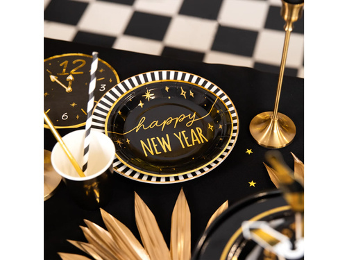 Talerzyki papierowe na Sylwestra Nowy Rok Happy New Year czarne - 18 cm - 6 szt.
