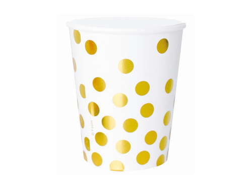 Kubeczki papierowe białe w złote grochy - 250 ml - 6 szt.