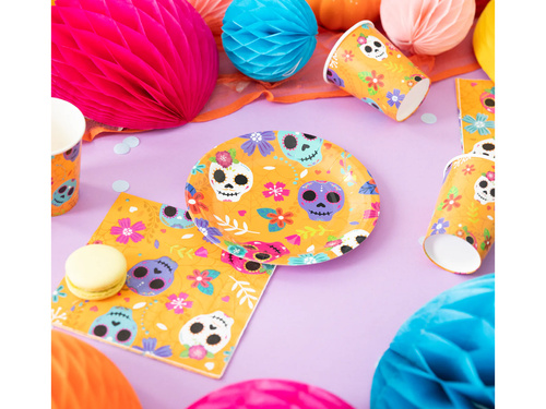 Talerzyki papierowe halloweenowe Meksykańska Czacha - 18 cm - 6 szt.