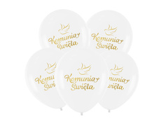 Balony lateksowe ze złotym napisem Komunia Święta - 30 cm - 5 szt.