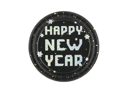 Talerzyki papierowe Happy New Year czarne - 23 cm - 6 szt.