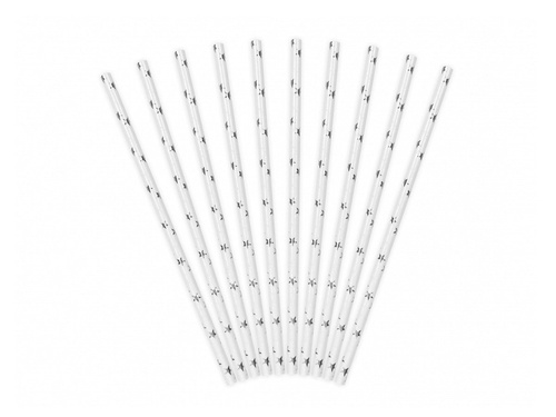 Słomki rurki białe w srebrne gwiazdki - 10 szt.