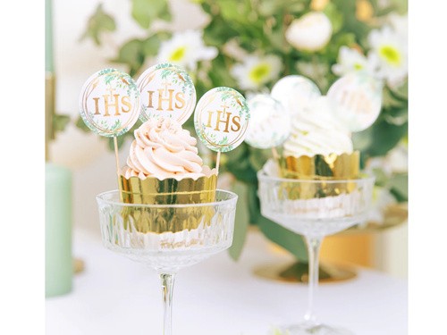 Pikery na tort IHS z zielonymi listkami na I Komunię Świętą - 6 szt.