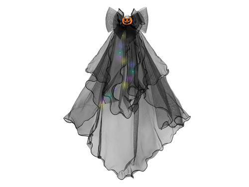 Czarny welon z kokardą i dynią oraz lampkami LED - 1 szt.