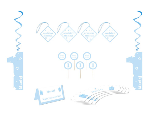 Zestaw dekoracji personalizowanych na roczek dla chłopca - 17 szt.