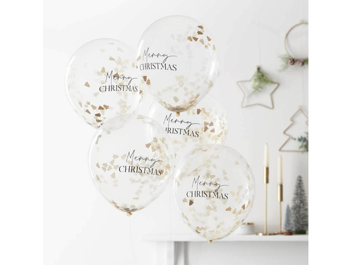 Balony przezroczyste ze złotym konfetti Merry Christmas - 30 cm - 5 szt.
