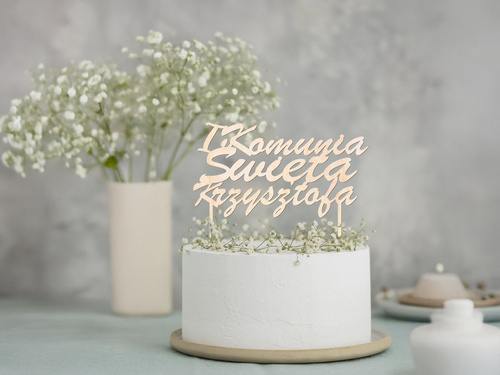 Topper drewniany personalizowany na tort I Komunia Święta - 1 szt.