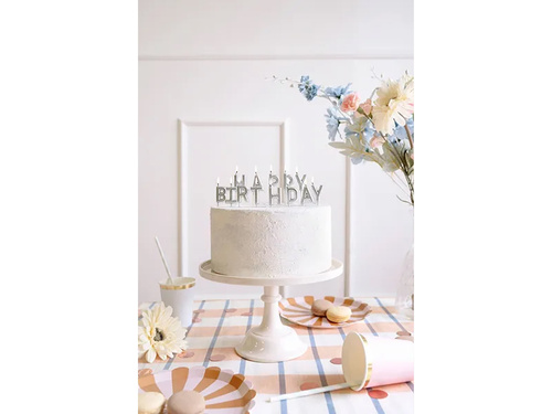 Świeczki pikery napis Happy Birthday - srebrny