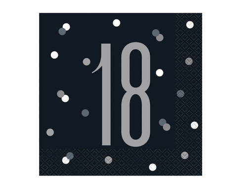 Serwetki urodzinowe czarne na osiemnaste urodziny - 33 cm - 16 szt.