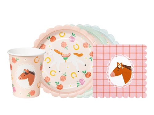 Zestaw kubeczki + talerzyki + serwetki papierowe Konie - 36 szt.