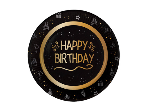 Talerzyki papierowe na urodziny Happy Birthday czarne - 23 cm - 8 szt.