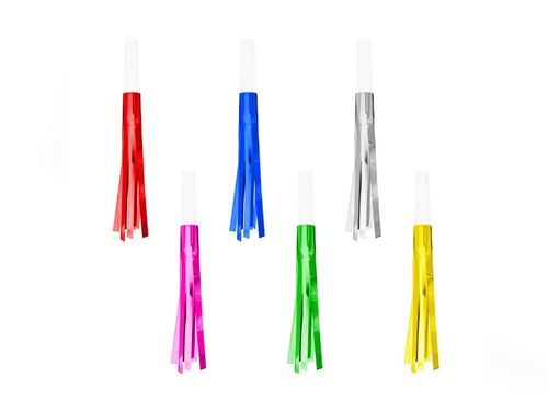 Gwizdki trąbki rozwijane z frędzelkami kolorowe - 6 szt