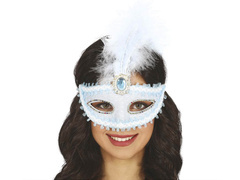 Maska karnawałowa błękitna z piórem - 1 szt.