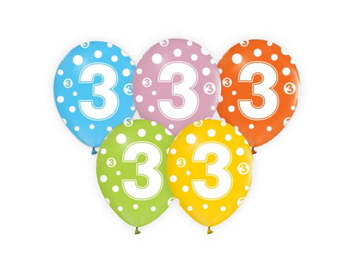 Balony lateksowe z cyfrą 3 - mix - 30 cm - 5 szt.