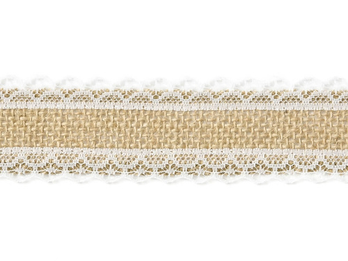 Tasiemka jutowa z białą koronką, 40 mm / 5 m, 1 szt.