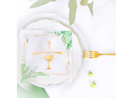 Serwetki komunijne Kielich IHS z zielonymi listkami - 33 cm - 10 szt.
