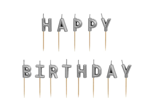 Świeczki pikery napis Happy Birthday - srebrny