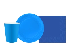 Zestaw kubeczki + serwetki + talerzyki papierowe niebieskie - 44 szt.