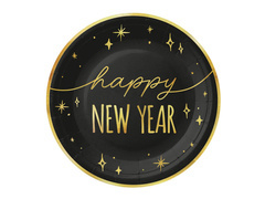 Talerzyki papierowe na Sylwestra Nowy Rok Happy New Year czarne - 18 cm - 6 szt.