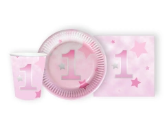 Zestaw kubeczki, serwetki i talerzyki papierowe na roczek Gwiazdki różowe - 44 szt.