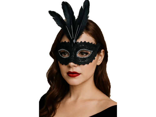 Maska karnawałowa z piórami - czarna - 1 szt.